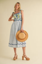 Blue Mixed Print Scalloped Trim Midi Dress
