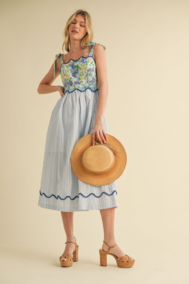 Blue Mixed Print Scalloped Trim Midi Dress