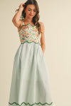 Green Mixed Print Scalloped Trim Midi Dress