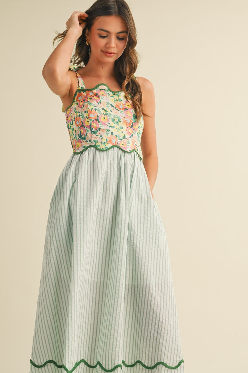 Green Mixed Print Scalloped Trim Midi Dress