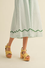 Green Mixed Print Scalloped Trim Midi Dress