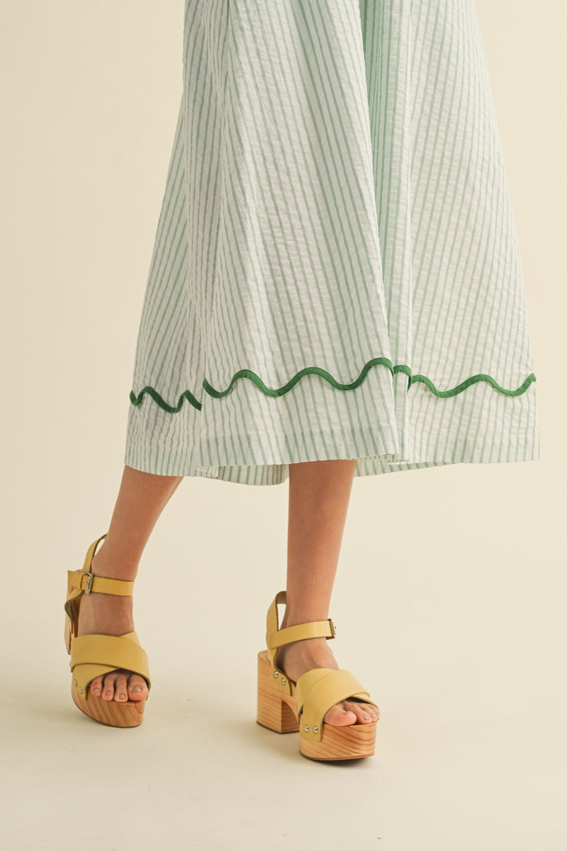 Green Mixed Print Scalloped Trim Midi Dress