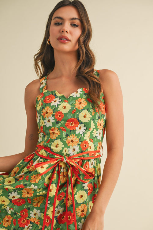 Green and Orange Scalloped Strap Mini Dress