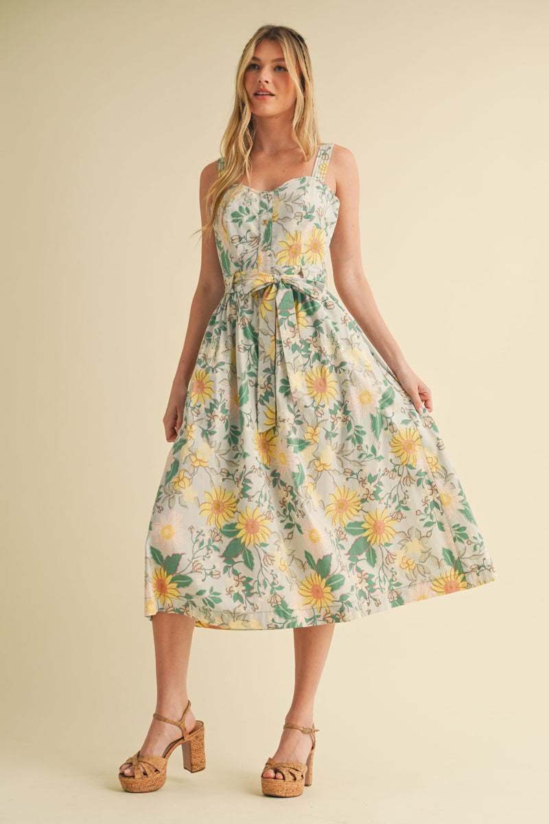 Grey Floral Midi Dress