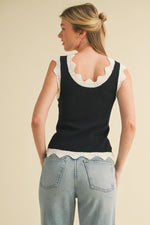 Black and White Scalloped Pointelle Knit Tank Top