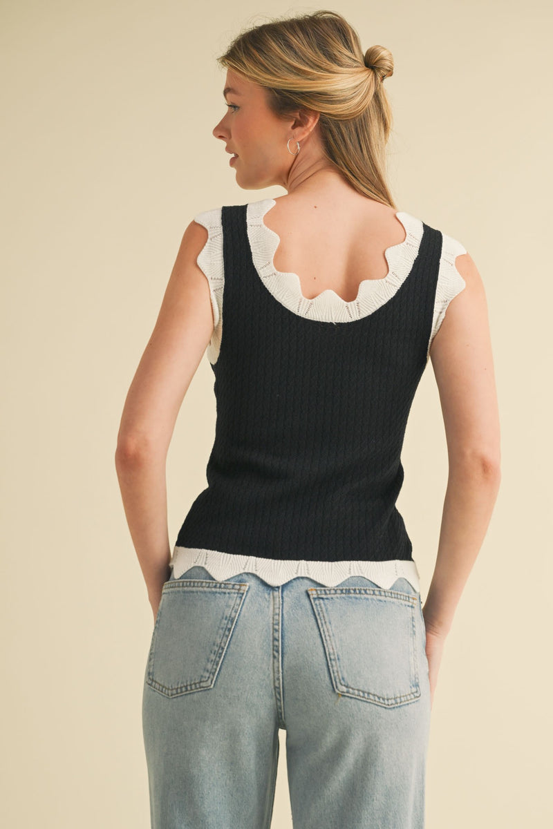 Black and White Scalloped Pointelle Knit Tank Top