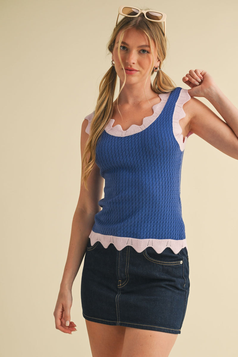 Azure Scalloped Pointelle Knit Tank Top