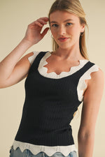 Black and White Scalloped Pointelle Knit Tank Top