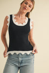 Black and White Scalloped Pointelle Knit Tank Top
