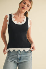 Black and White Scalloped Pointelle Knit Tank Top