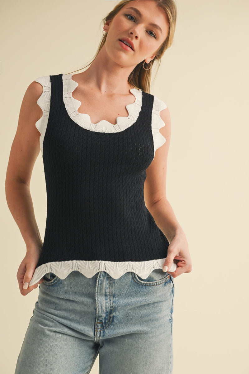 Black and White Scalloped Pointelle Knit Tank Top