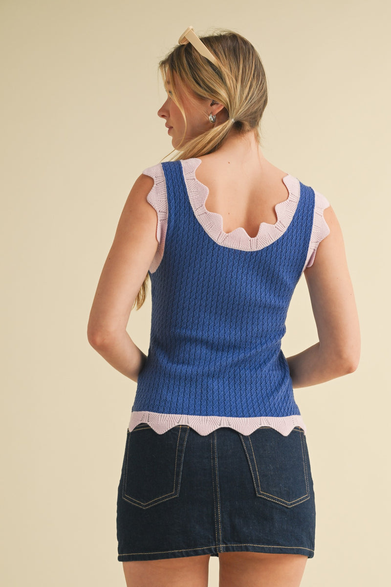 Azure Scalloped Pointelle Knit Tank Top