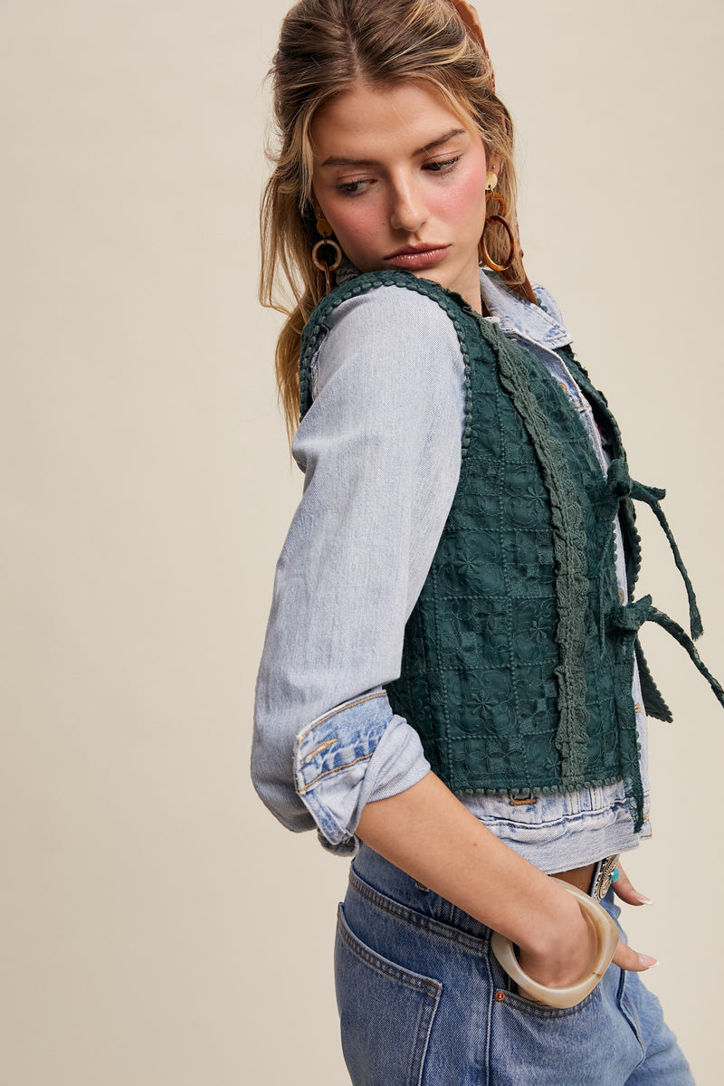 Dark Green Lace Eyelet Vest