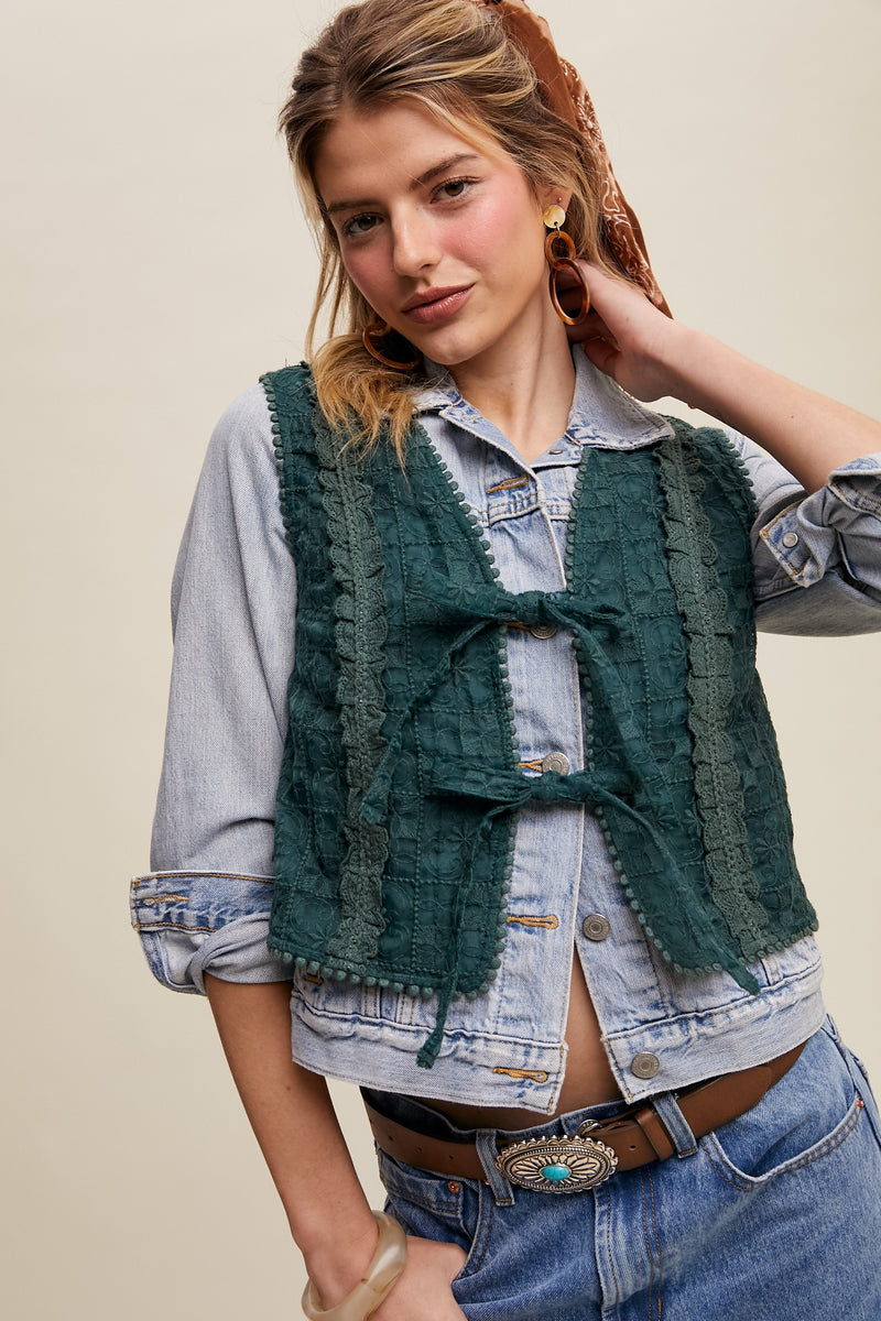 Dark Green Lace Eyelet Vest