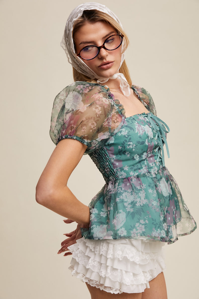 Green Floral Lace-Up Puff Sleeve Top