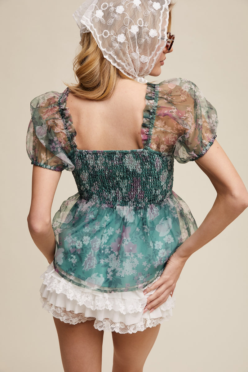 Green Floral Lace-Up Puff Sleeve Top