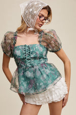 Green Floral Lace-Up Puff Sleeve Top