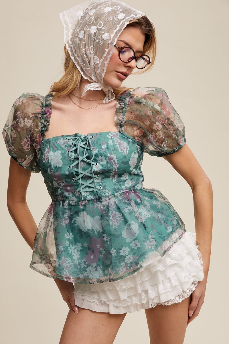 Green Floral Lace-Up Puff Sleeve Top