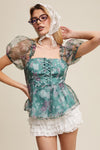 Green Floral Lace-Up Puff Sleeve Top