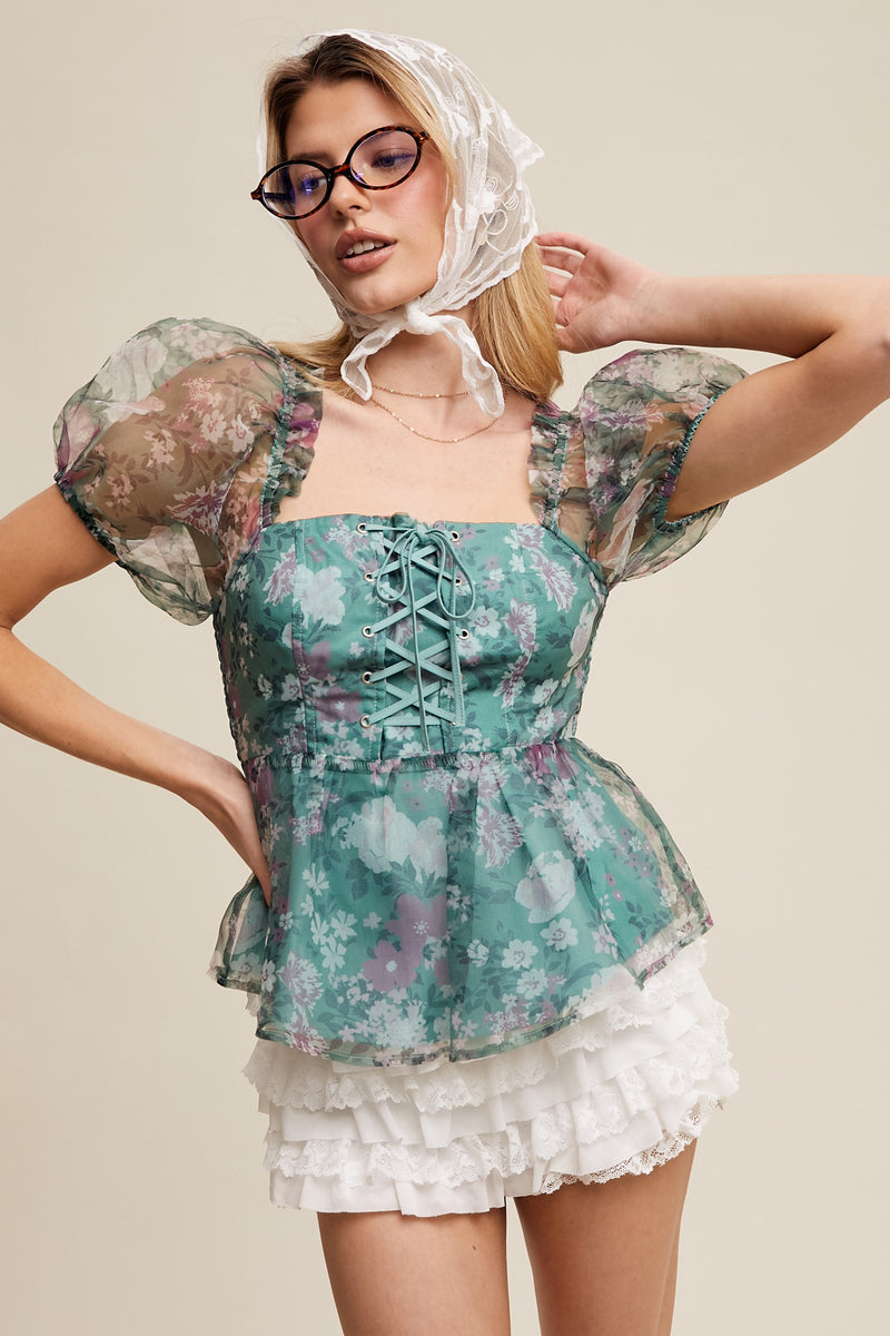 Green Floral Lace-Up Puff Sleeve Top