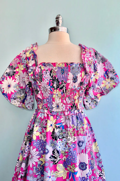 Pink and Purple Floral Puff Sleeve Ruffle Trim Midi Dress