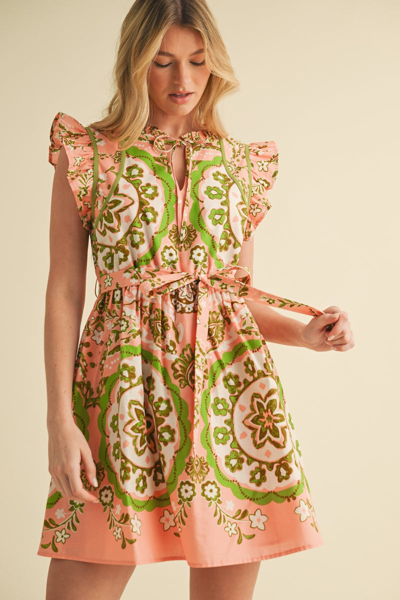Peach and Lime Green Medallion Flutter Sleeve Mini Dress