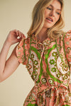 Peach and Lime Green Medallion Flutter Sleeve Mini Dress