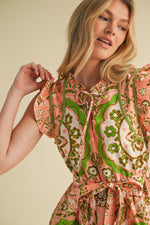 Peach and Lime Green Medallion Flutter Sleeve Mini Dress