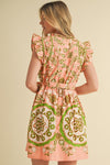 Peach and Lime Green Medallion Flutter Sleeve Mini Dress