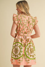 Peach and Lime Green Medallion Flutter Sleeve Mini Dress