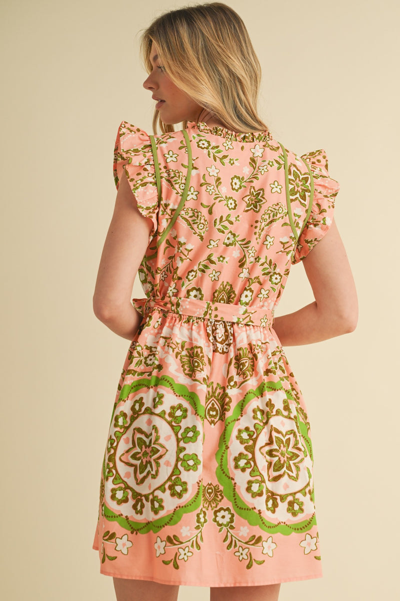 Peach and Lime Green Medallion Flutter Sleeve Mini Dress