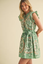 Green Medallion Flutter Sleeve Mini Dress