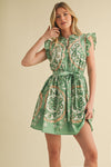 Green Medallion Flutter Sleeve Mini Dress
