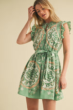 Green Medallion Flutter Sleeve Mini Dress