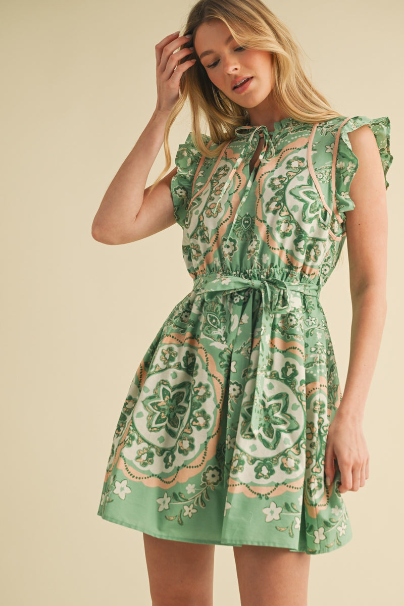 Green Medallion Flutter Sleeve Mini Dress
