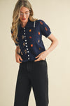 Embroidered Short Sleeve Navy Cardigan