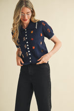 Embroidered Short Sleeve Navy Cardigan