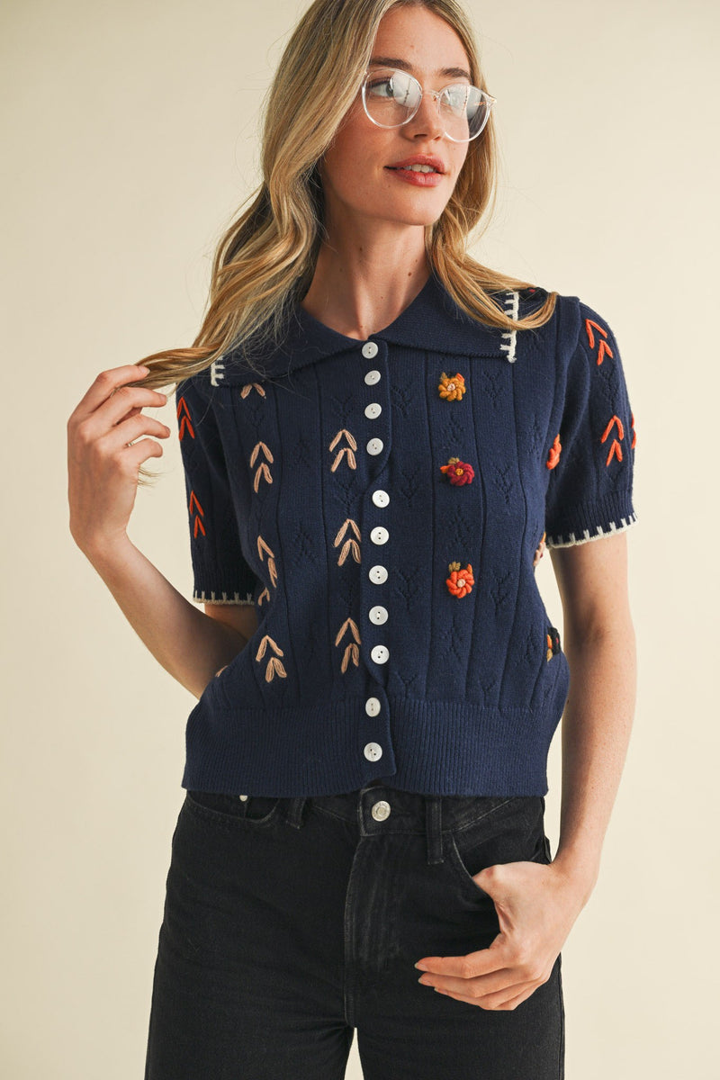 Embroidered Short Sleeve Navy Cardigan