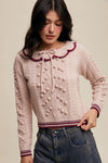 Blush Pom Pom Cable Knit Collared Sweater