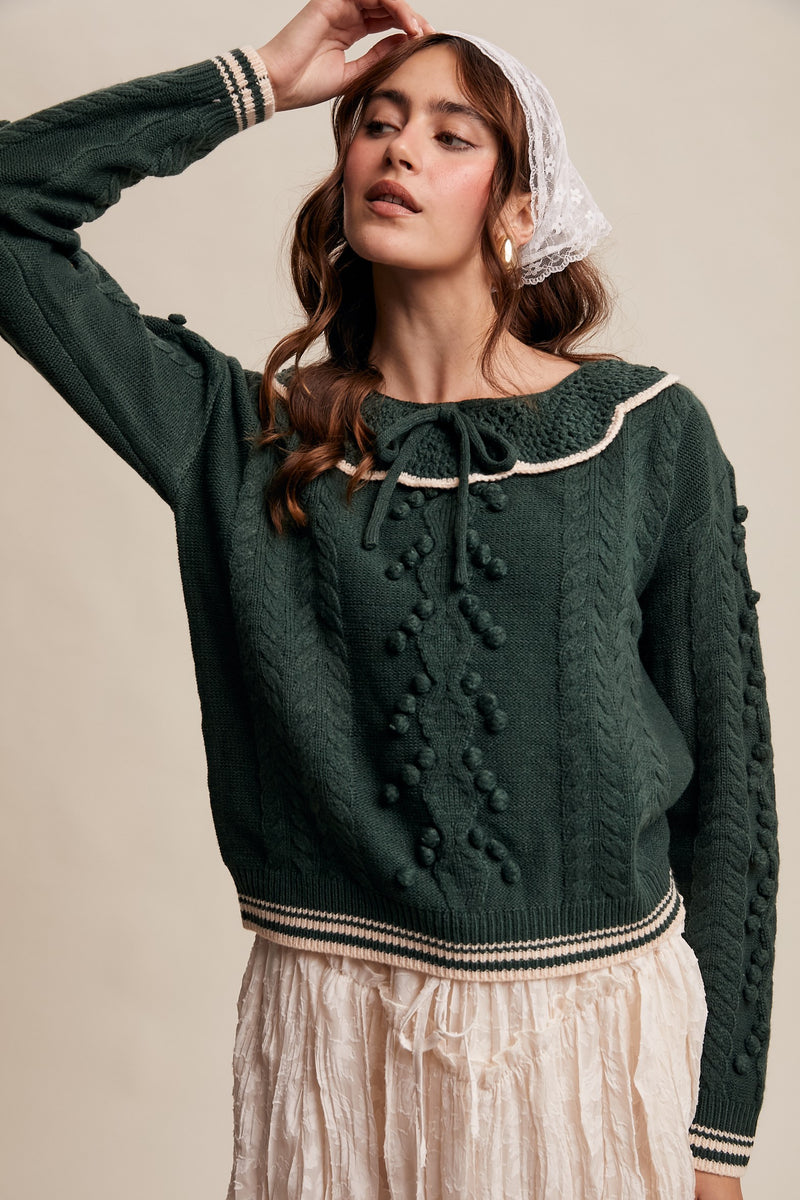 Forest Pom Pom Cable Knit Collared Sweater