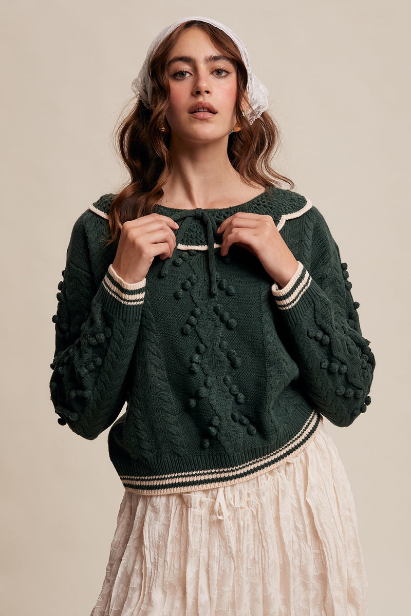 Forest Pom Pom Cable Knit Collared Sweater