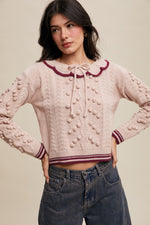 Blush Pom Pom Cable Knit Collared Sweater