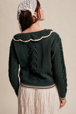 Forest Pom Pom Cable Knit Collared Sweater