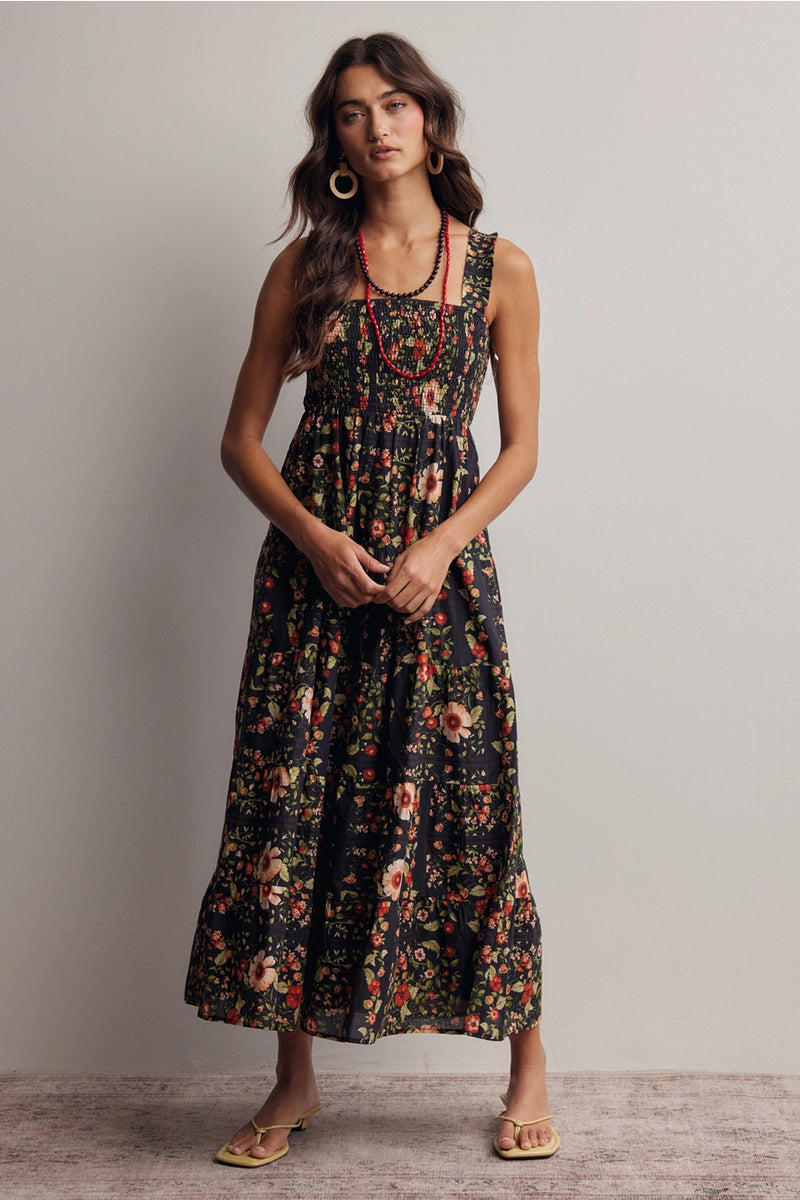 Black Floral Smocked Sleeveless Midi Dress Small