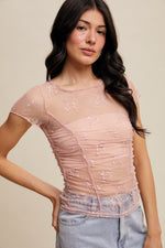 Blush Ruched Short Sleeve Mesh Top
