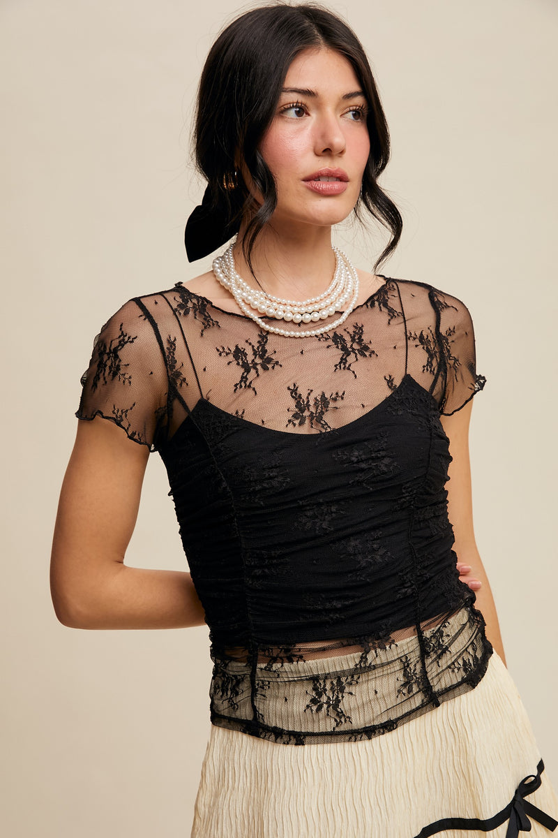 Black Ruched Short Sleeve Mesh Top