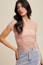 Blush Ruched Short Sleeve Mesh Top