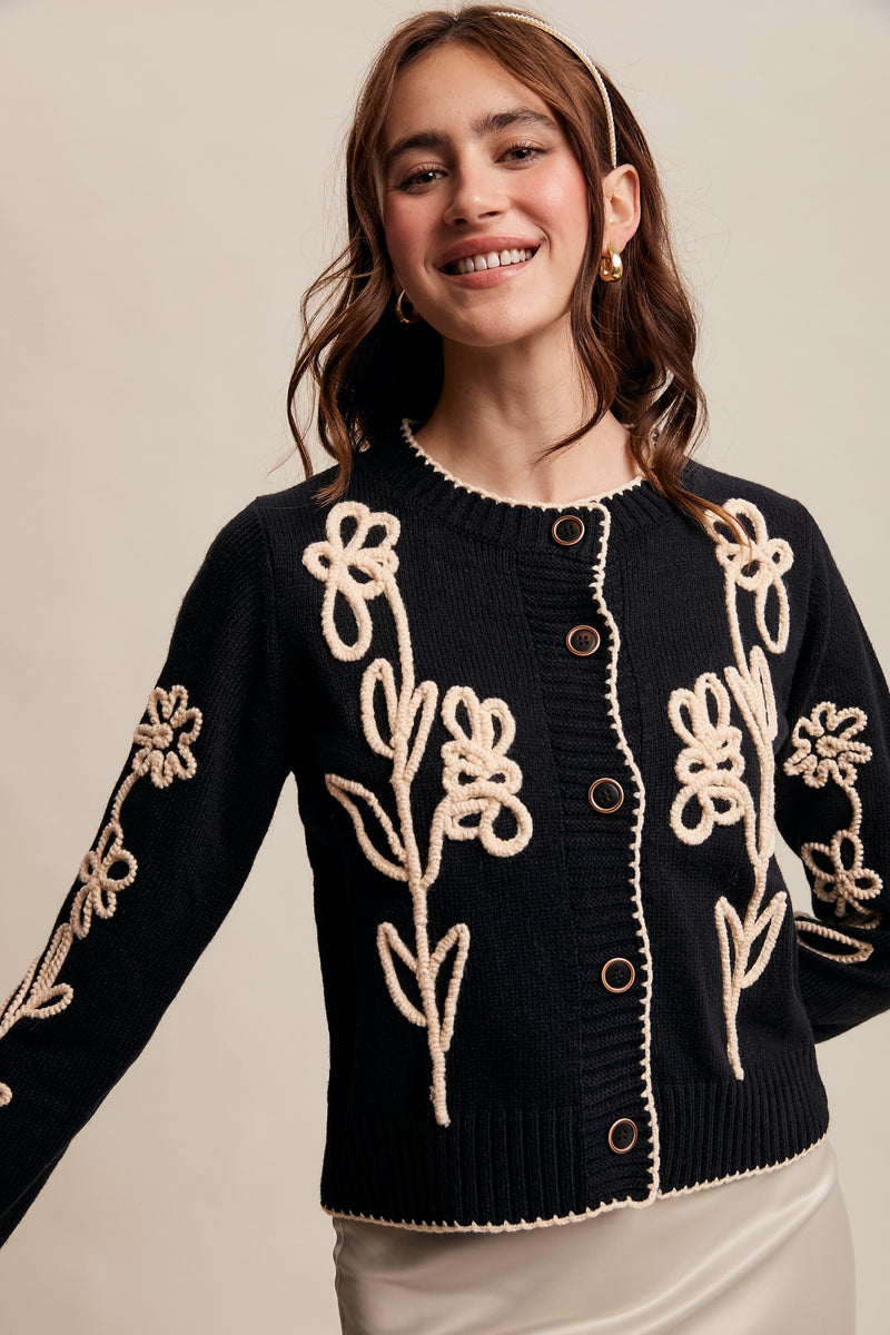 Black Embroidered Floral Cardigan