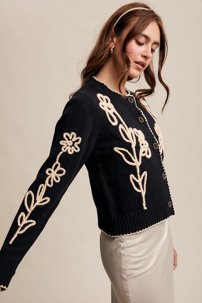 Black Embroidered Floral Cardigan