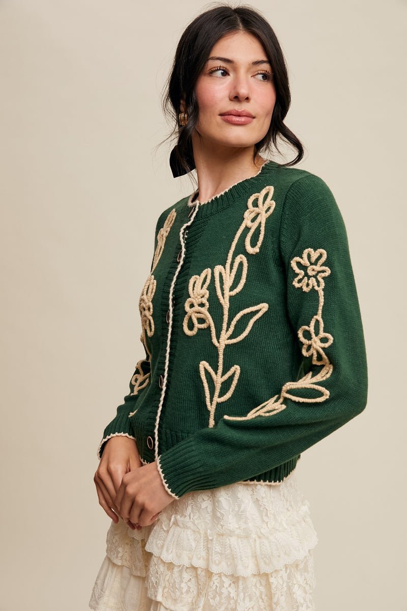 Forest Green Embroidered Floral Cardigan
